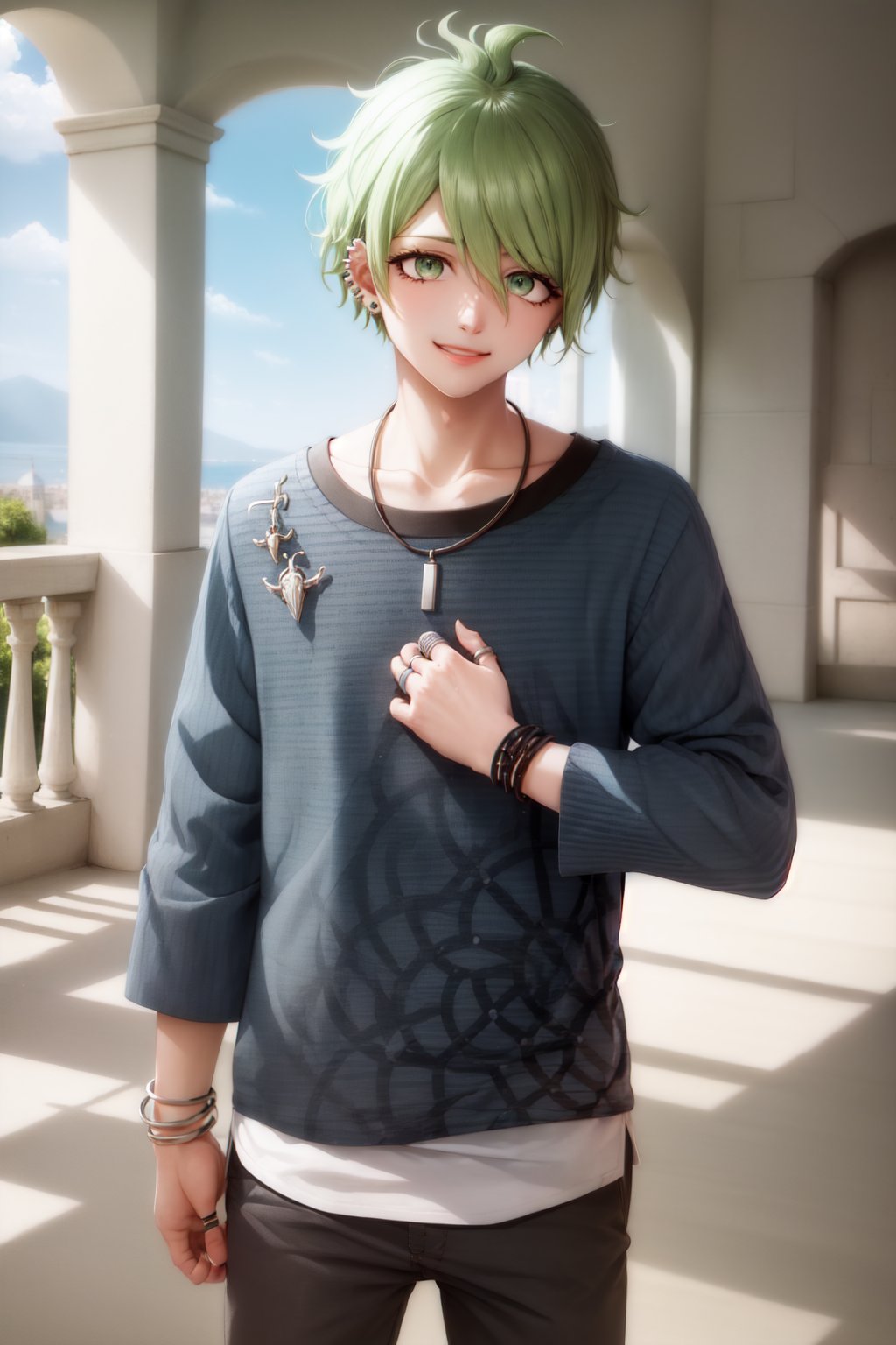 00037-1146329484-(masterpiece, best quality_1.2), , cowboy shot, solo, male focus, 1boy, amami rantaro, smile, looking at viewer, striped shirt,.jpg